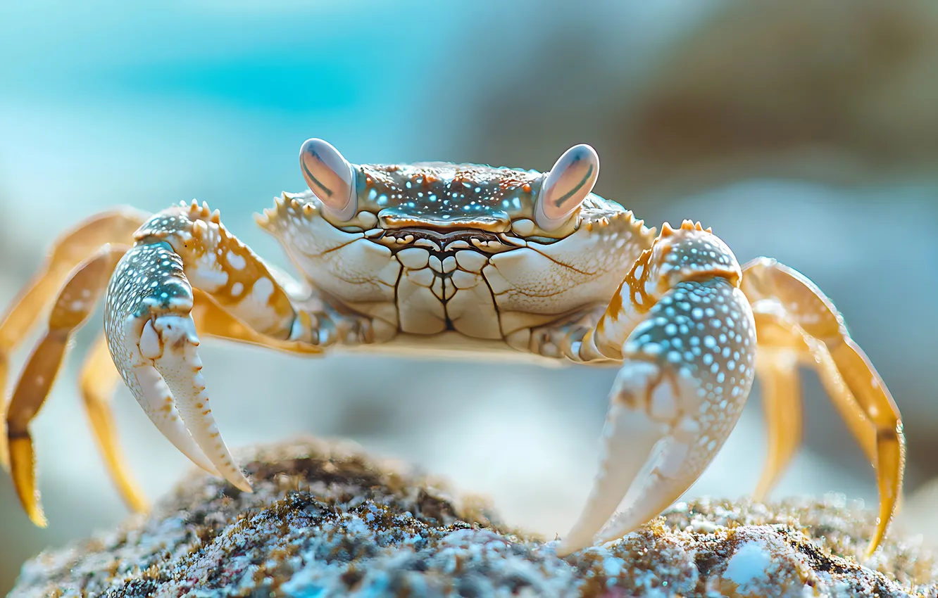 Photo wallpaper sand, look, light, shore, crab, blue background, claws, AI art