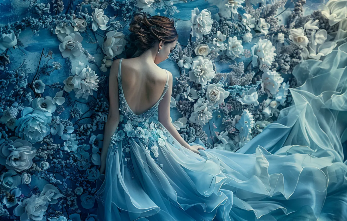 Photo wallpaper summer, girl, flowers, nature, blue, garden, dress, white