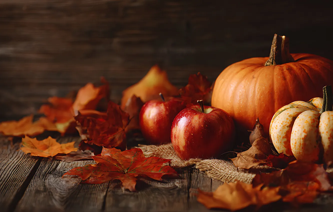 Photo wallpaper autumn, leaves, light, the dark background, foliage, apples, Board, harvest