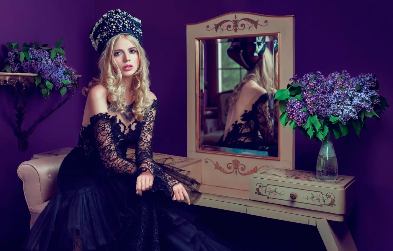 Photo wallpaper flowers, reflection, model, portrait, makeup, dress, mirror, hairstyle