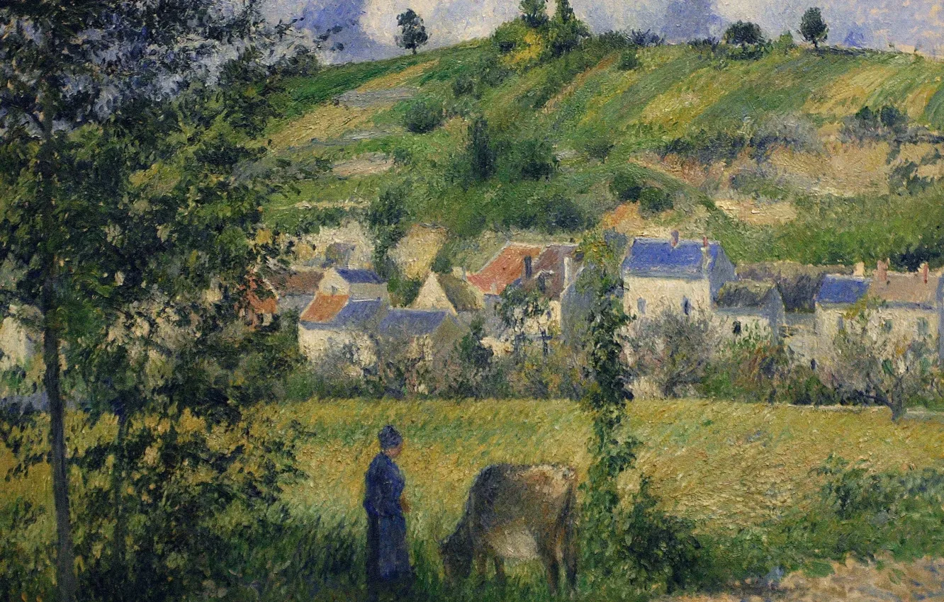 Photo wallpaper trees, picture, meadow, Camille Pissarro, The landscape in Chaponval