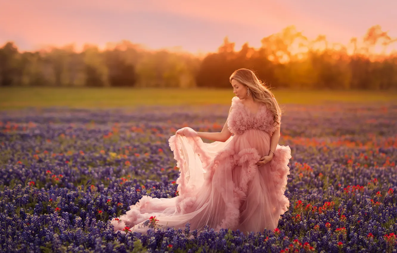 Photo wallpaper field, the sky, light, sunset, flowers, pose, mood, woman