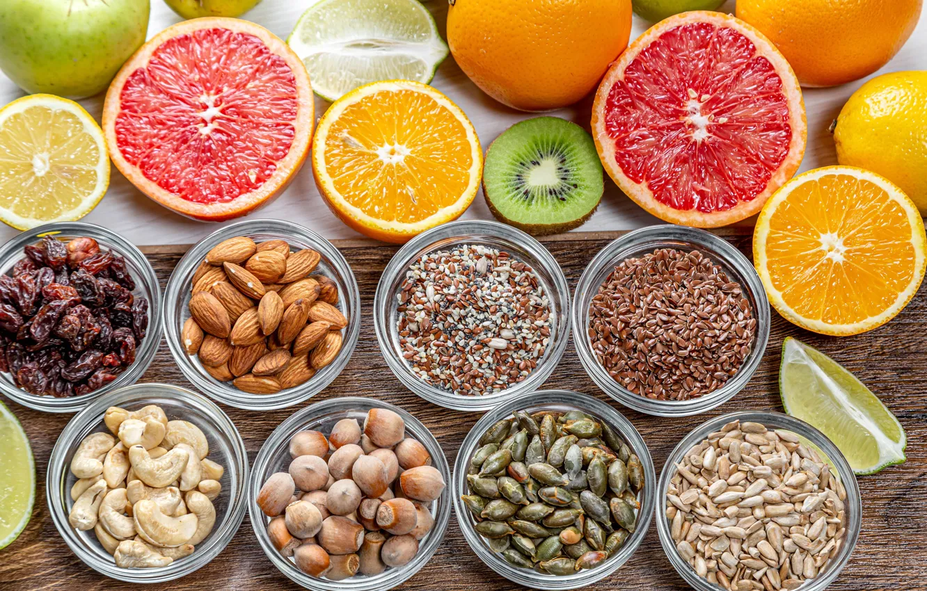Photo wallpaper oranges, nuts, seeds, citrus, grapefruit, almonds, raisins, cashews