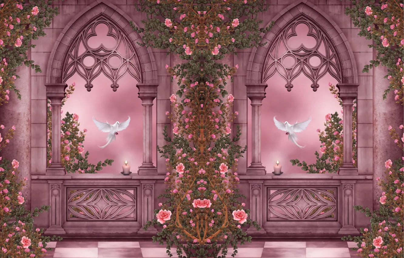 Photo wallpaper flowers, Windows, roses, candles, pigeons, columns, arch, garland