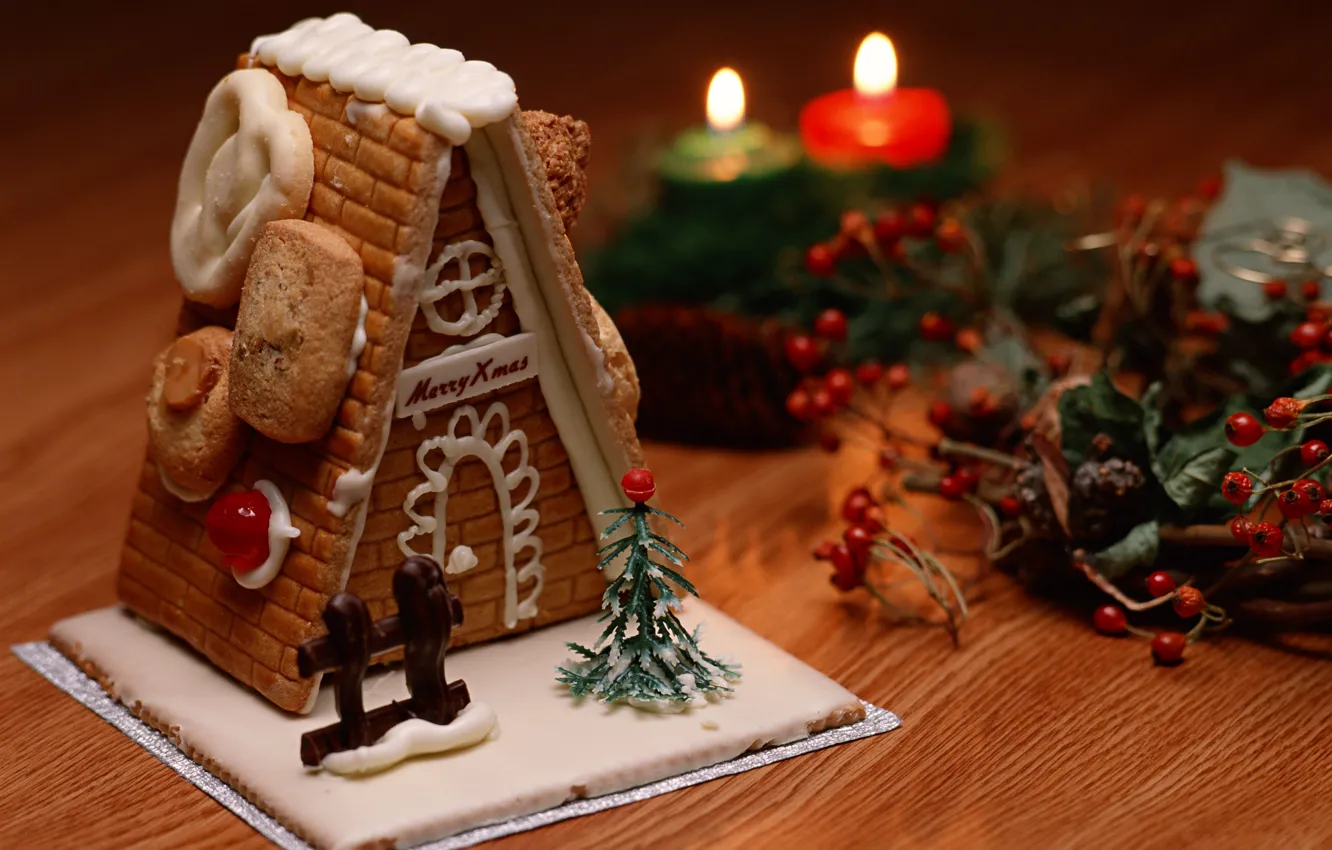 Photo wallpaper new year, Christmas, candles, sweets, house