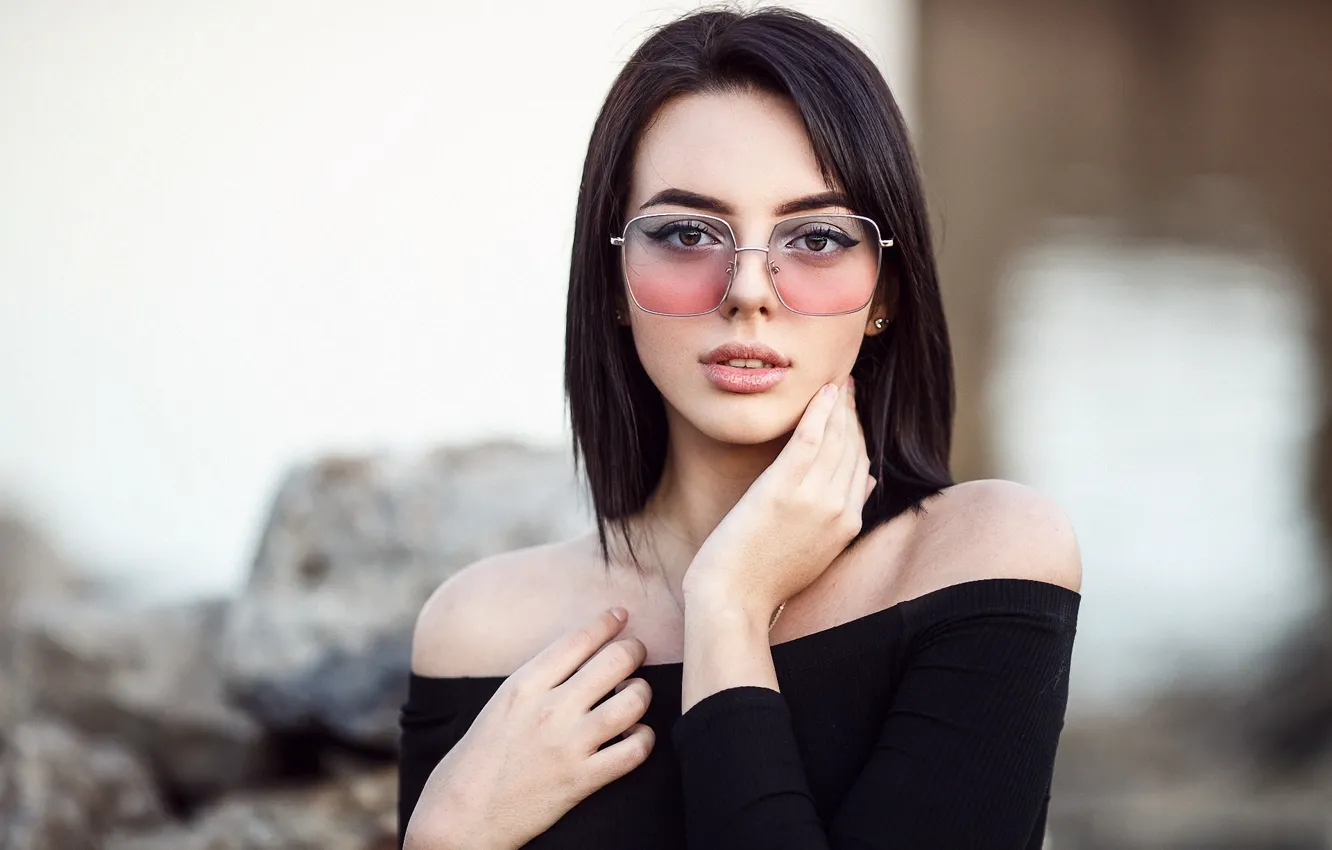 Photo wallpaper look, pose, background, model, portrait, makeup, dress, brunette