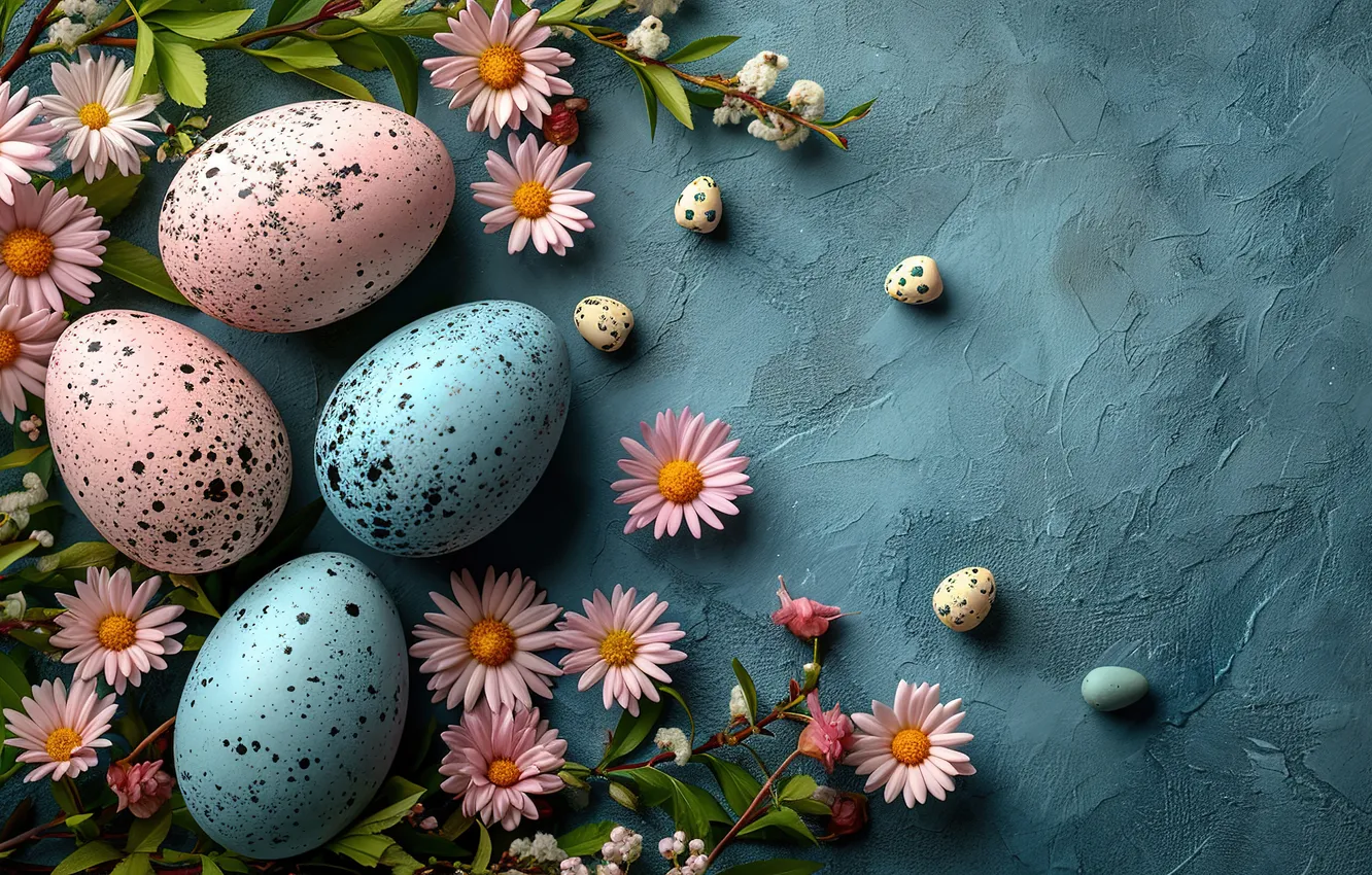 Photo wallpaper flowers, eggs, spring, colorful, Easter, pink, flowers, spring