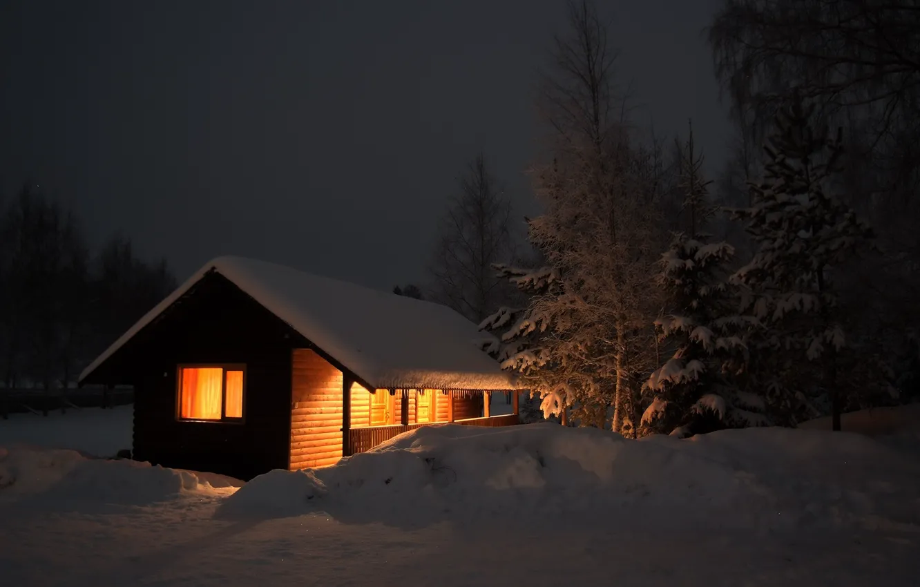 Photo wallpaper winter, light, snow, trees, the evening, house