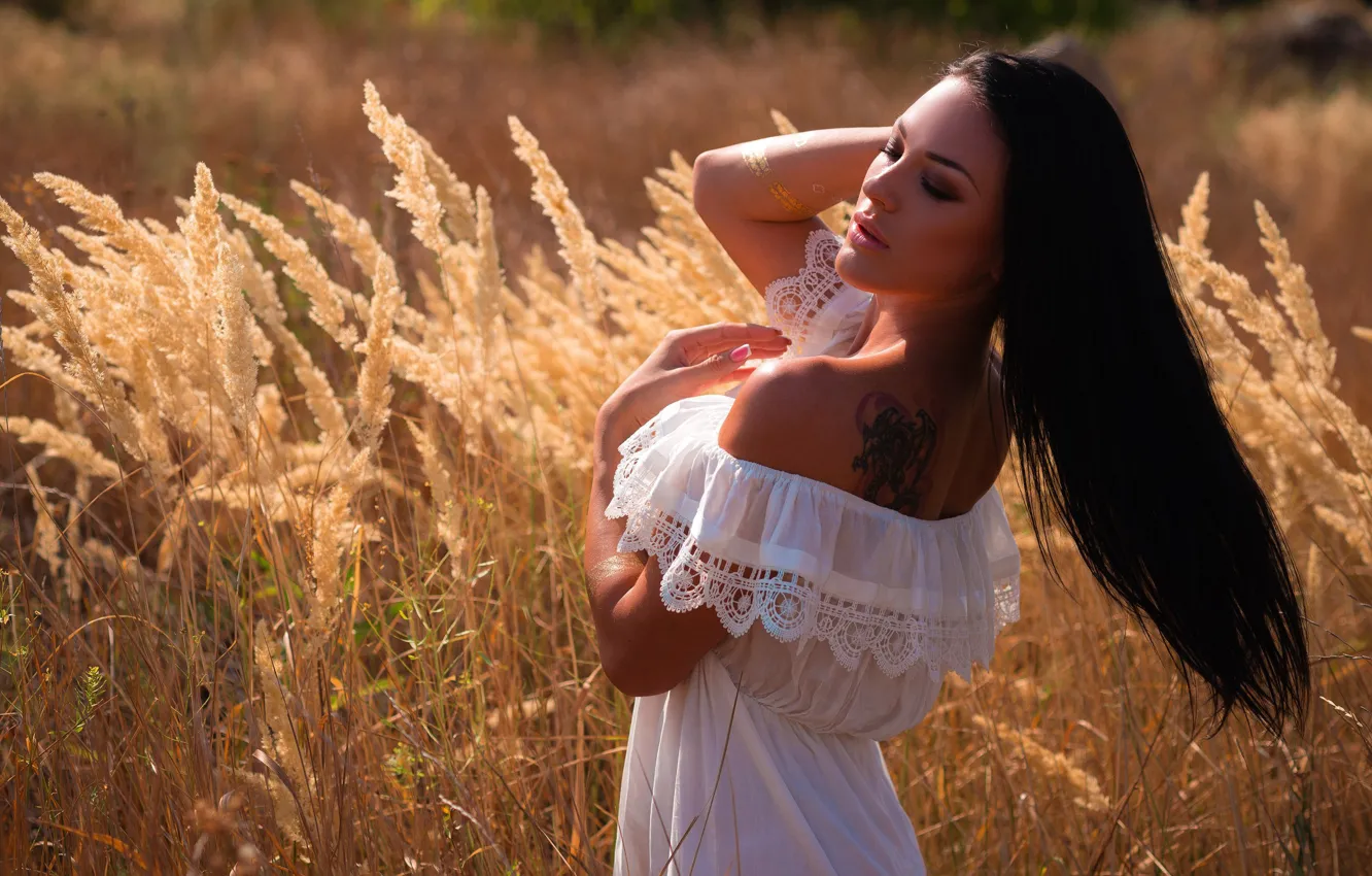 Photo wallpaper girl, pose, model, dress, tattoo, neckline, shoulders, lace