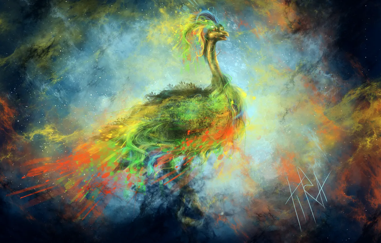 Photo wallpaper stars, nebula, bird, paint, art, profile, peacock