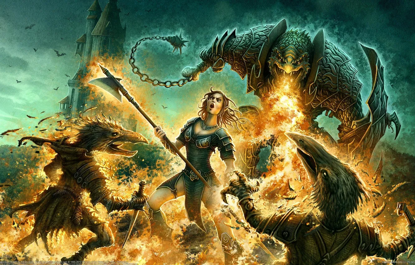 Photo wallpaper girl, lights, weapons, monster, sword, armor, battle, fantasy