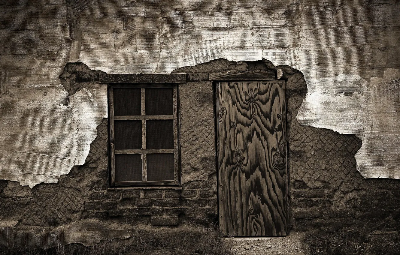 Photo wallpaper black and white, House, the door, window, old