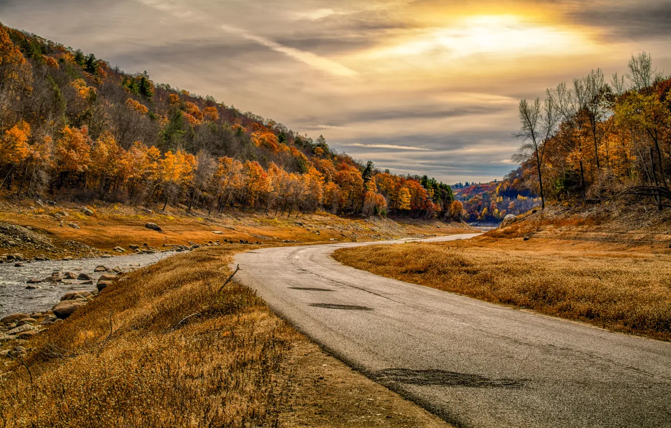 Photo wallpaper road, autumn, river
