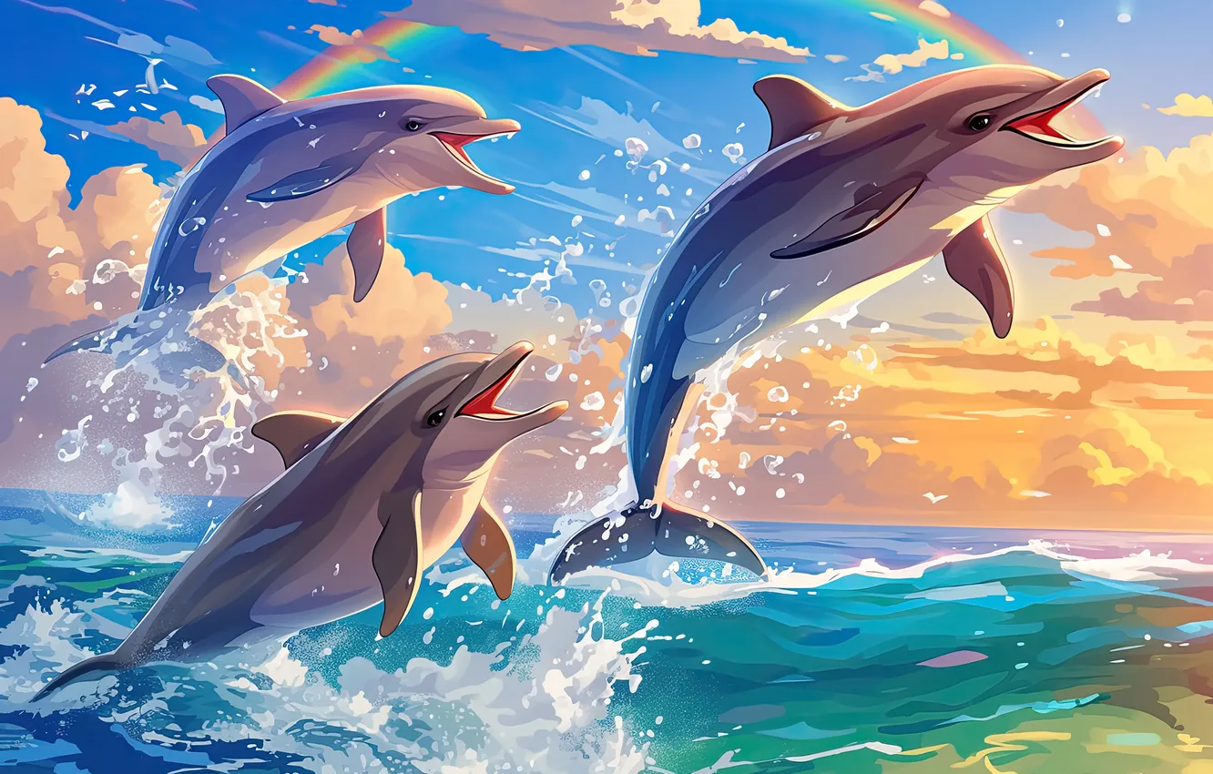 Photo wallpaper sea, jump, rainbow, dolphins, three, digital art, AI art, The Art of Artificial Intelligence