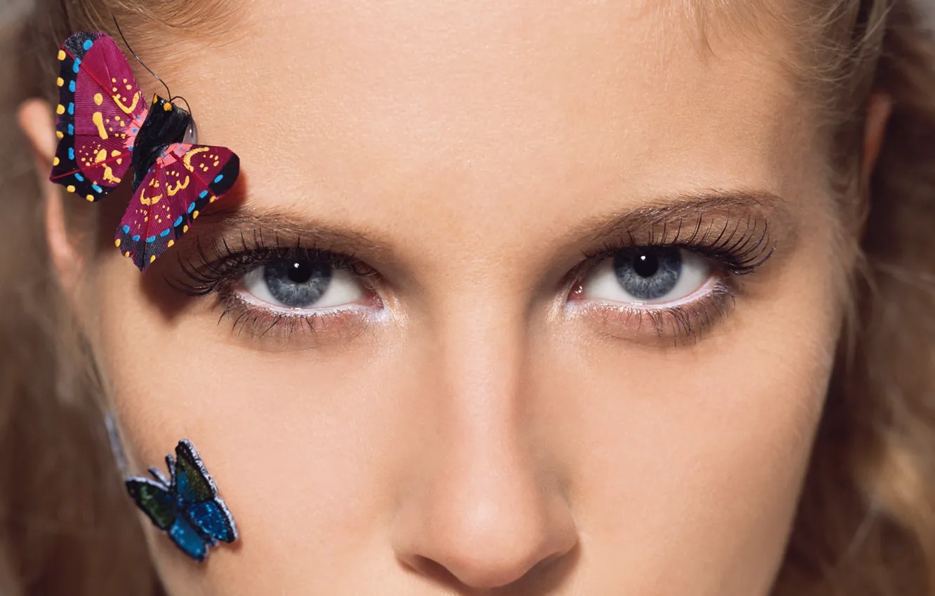 Photo wallpaper look, girl, butterfly, face, eyelashes, makeup, blonde, cilia