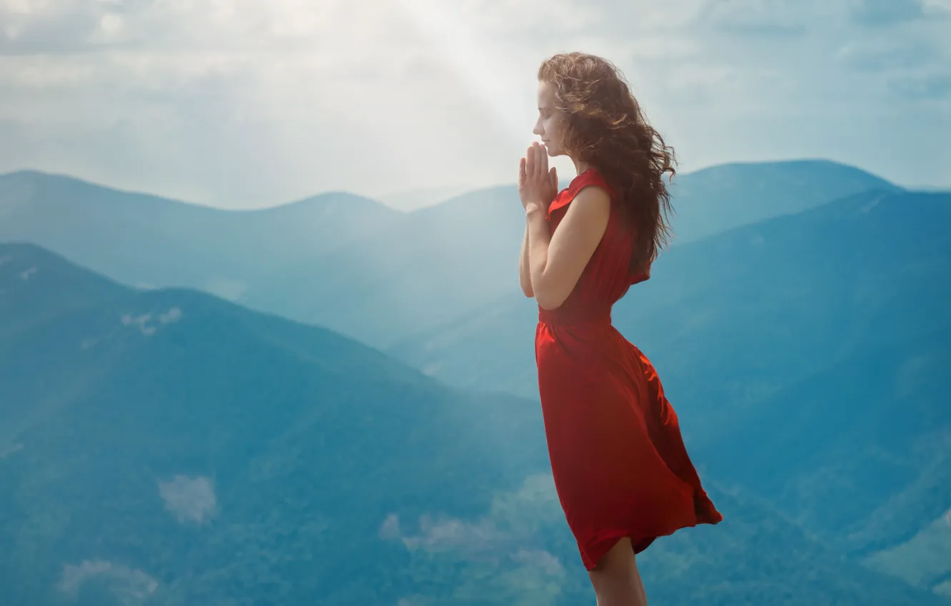 Photo wallpaper girl, mountains, nature, red dress, long hair, prayer