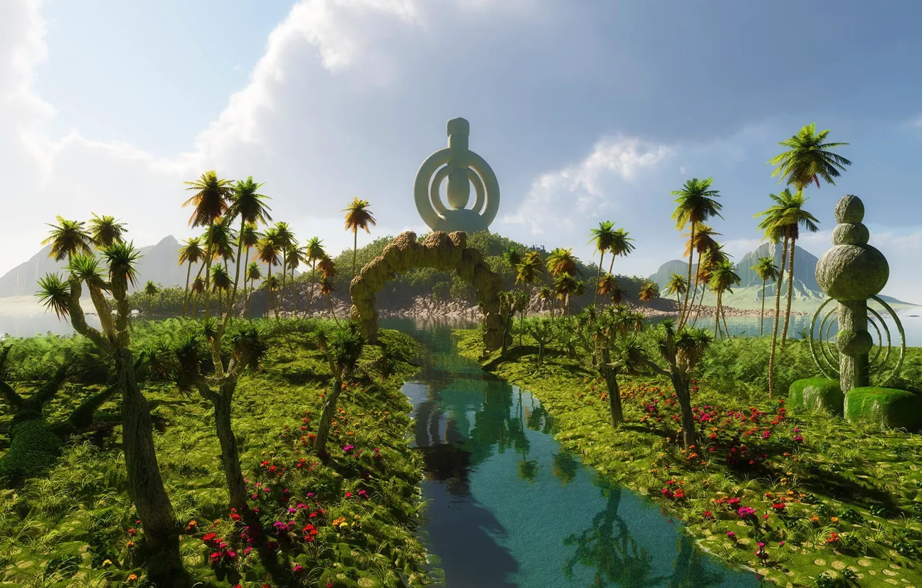 Photo wallpaper sea, the sky, grass, water, clouds, flowers, reflection, river