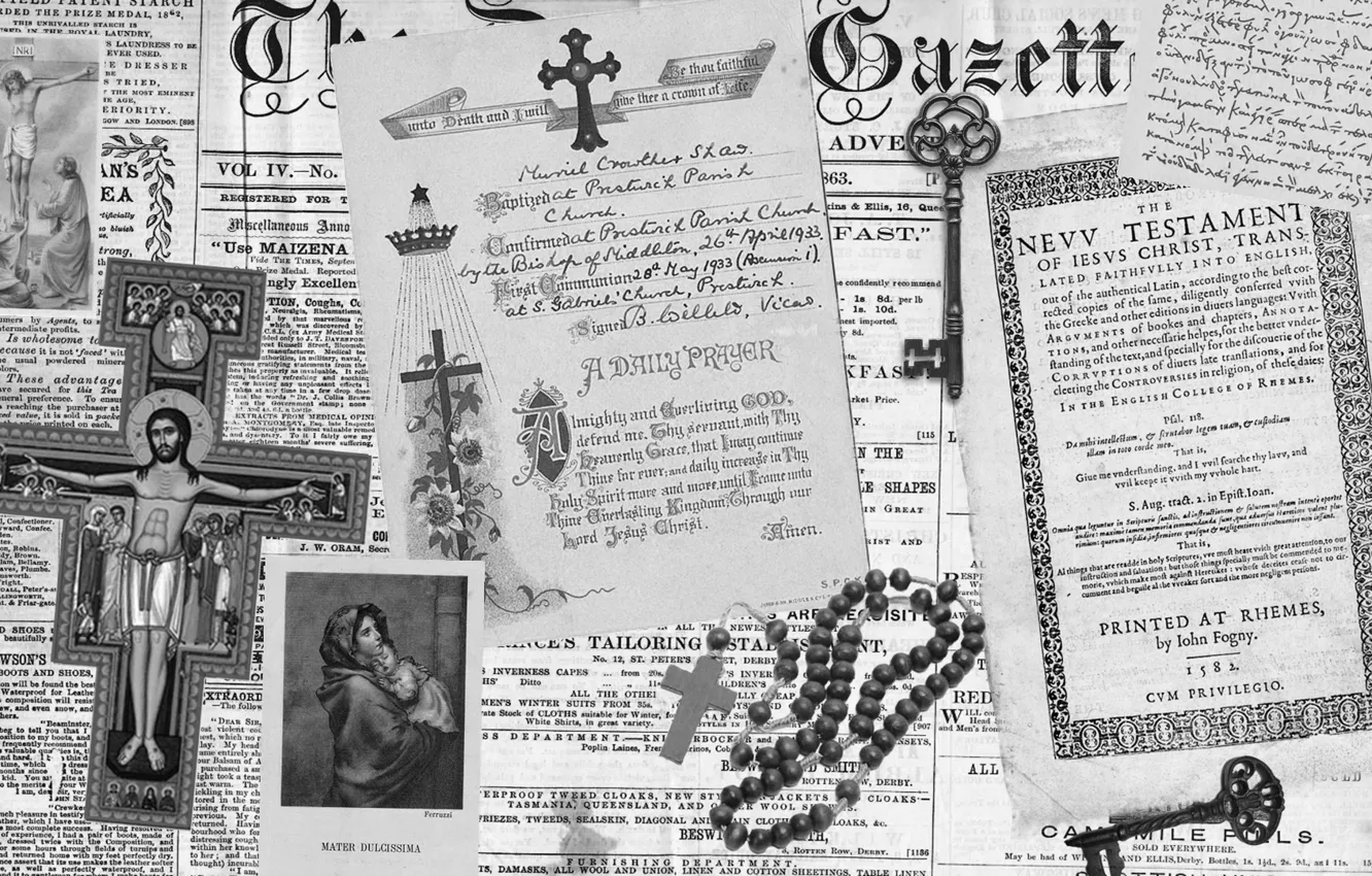 Photo wallpaper Desktop, holy, cross, key, black and white, paper, Jesus, document