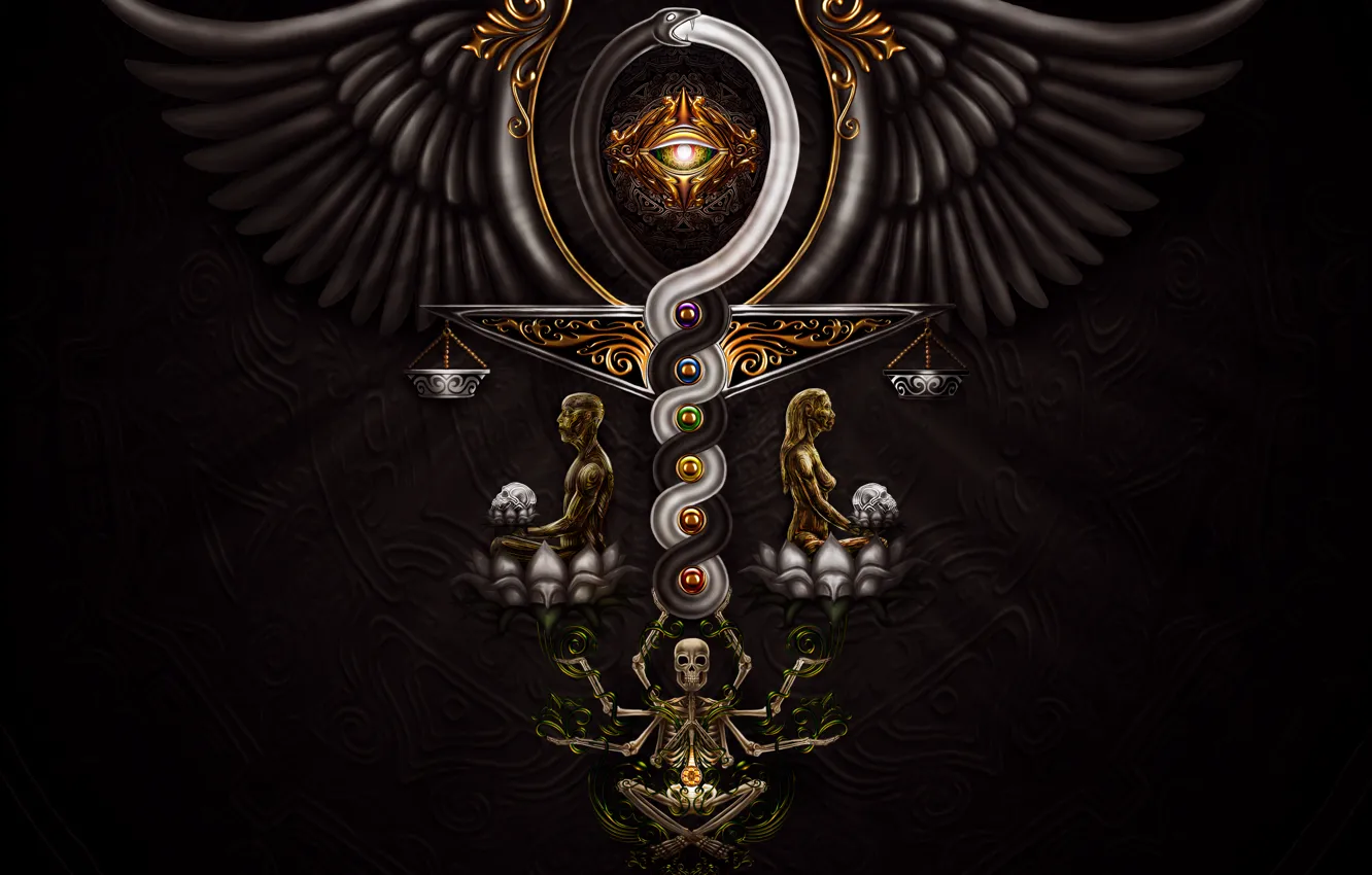 Photo wallpaper eyes, background, black, wings, skeleton, Libra, scepter reconciliation, Caduceus