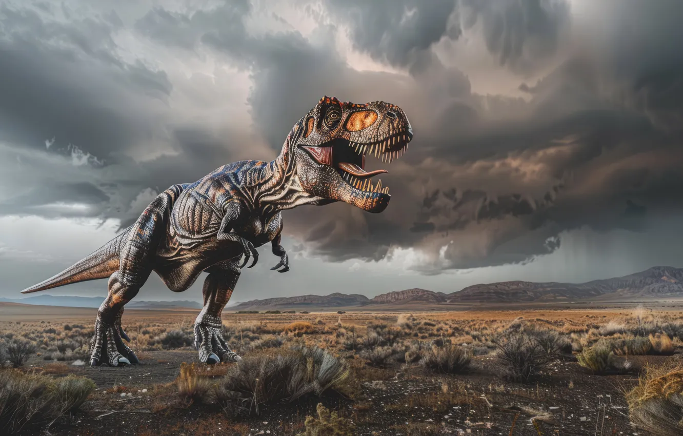 Photo wallpaper Clouds, Predator, Dinosaur, Animal, Digital art, Tyrannosaurus, Grin, Tyrannosaurus Rex