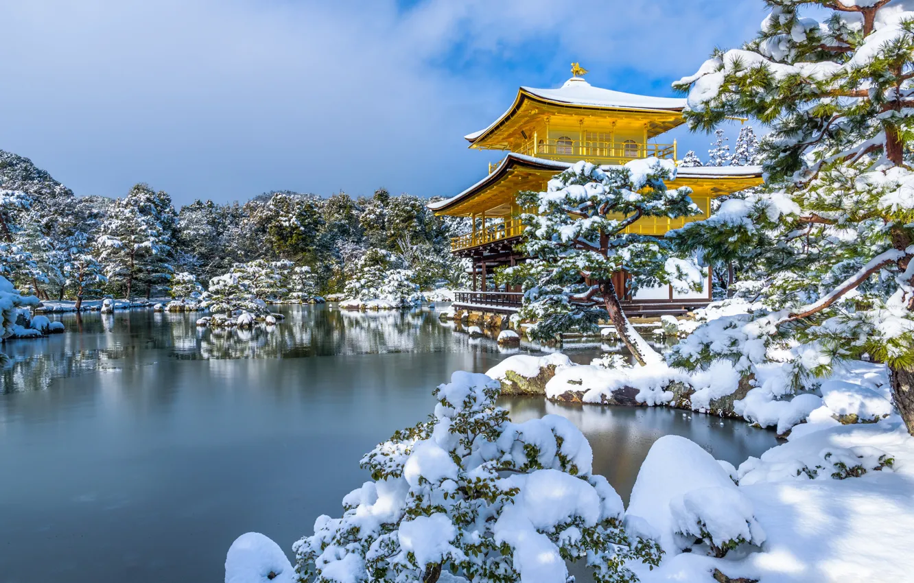Photo wallpaper winter, snow, trees, pond, Park, Japan, temple, Japan