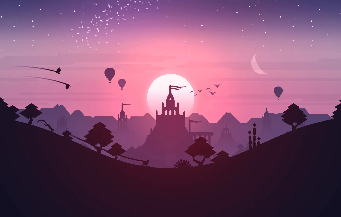 Photo wallpaper Pink, Android, Purple, Games, Stars, Landscape, Sunset, Temple