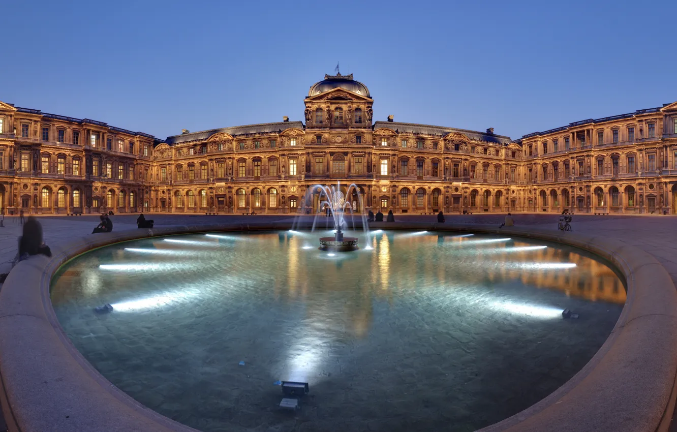 Photo wallpaper lights, France, the evening, The Louvre, panorama, fountain, France, Louvre