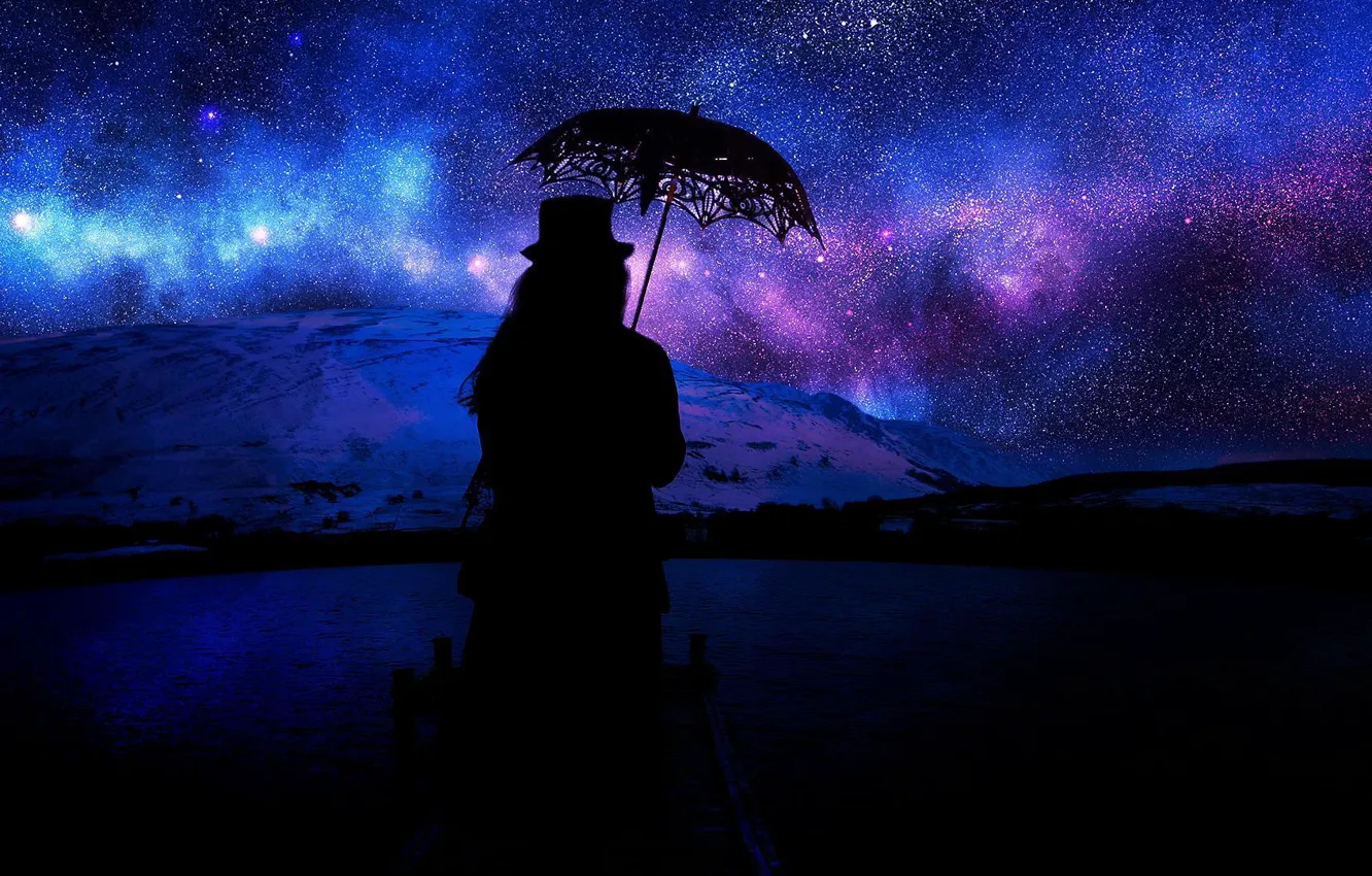 Photo wallpaper water, girl, stars, mountains, night, lights, The sky, hat