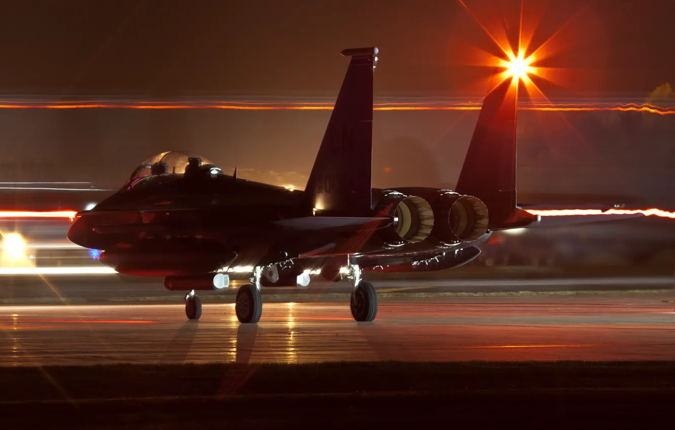 Photo wallpaper night, lights, the plane, the airfield, the rise, F-15 Eagle, F-15 "Eagle", "night Stalker"