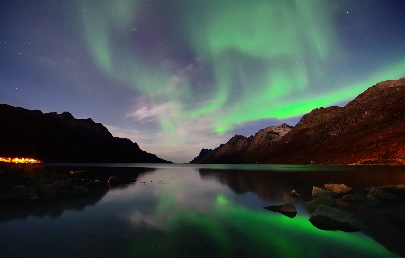 Photo wallpaper stars, mountains, night, reflection, Northern lights, Norway, Bay