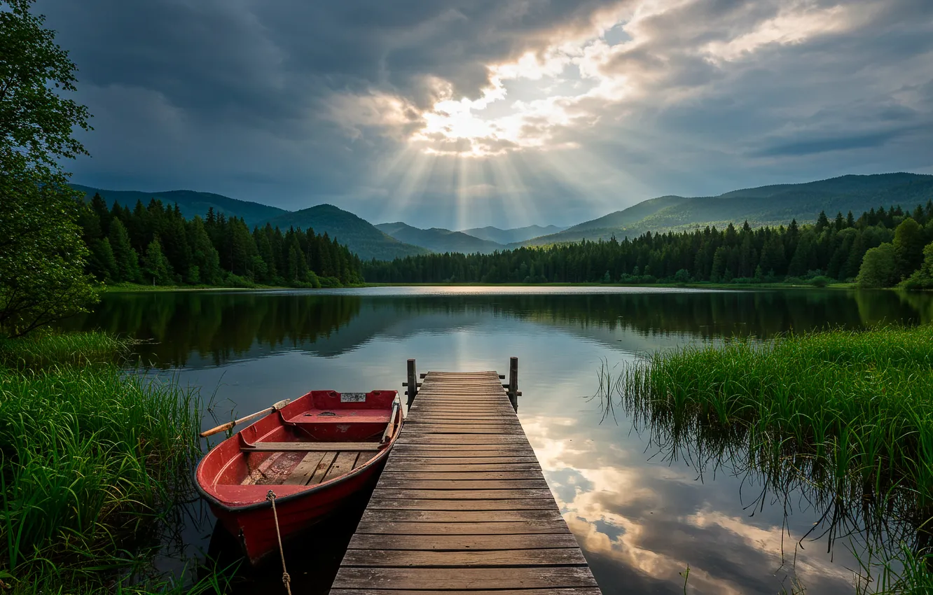 Photo wallpaper forest, mountains, lake, pier, boat