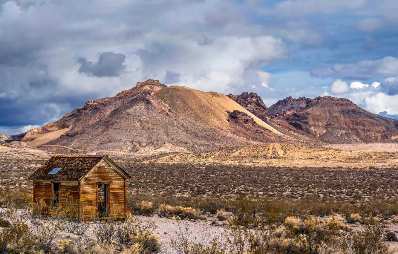Photo wallpaper mountains, house, USA, Nevada, Ghost town, Rhyolite