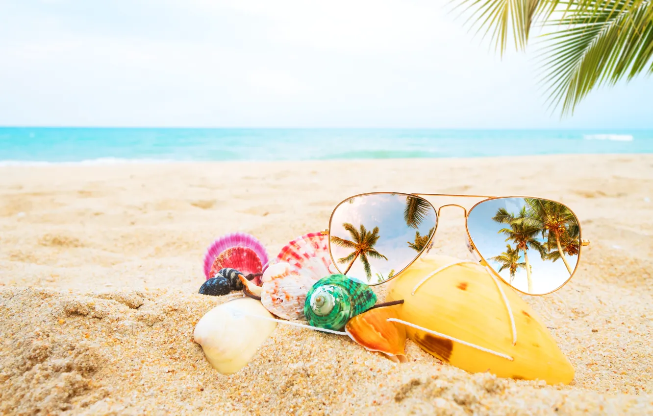 Photo wallpaper sand, sea, beach, summer, palm trees, stay, glasses, shell