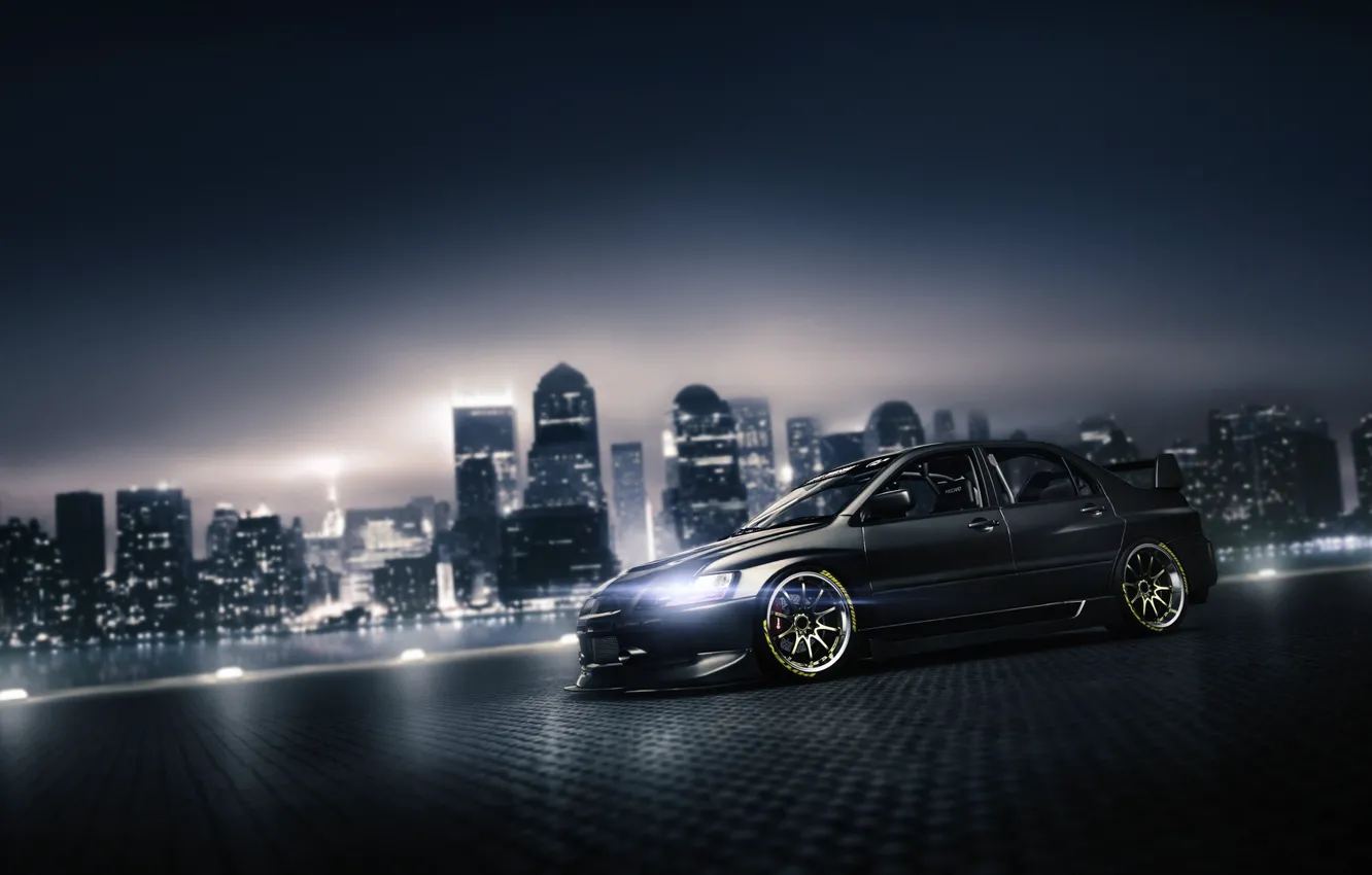 Photo wallpaper car, machine, auto, night, the city, grey, Mitsubishi, Evolution
