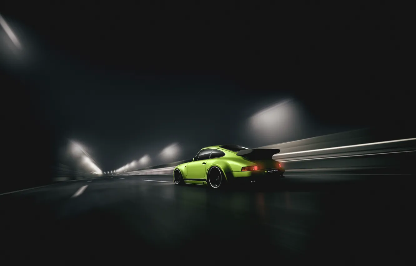 Photo wallpaper Auto, Road, Porsche, Green, Machine, Movement, The tunnel, Sports car