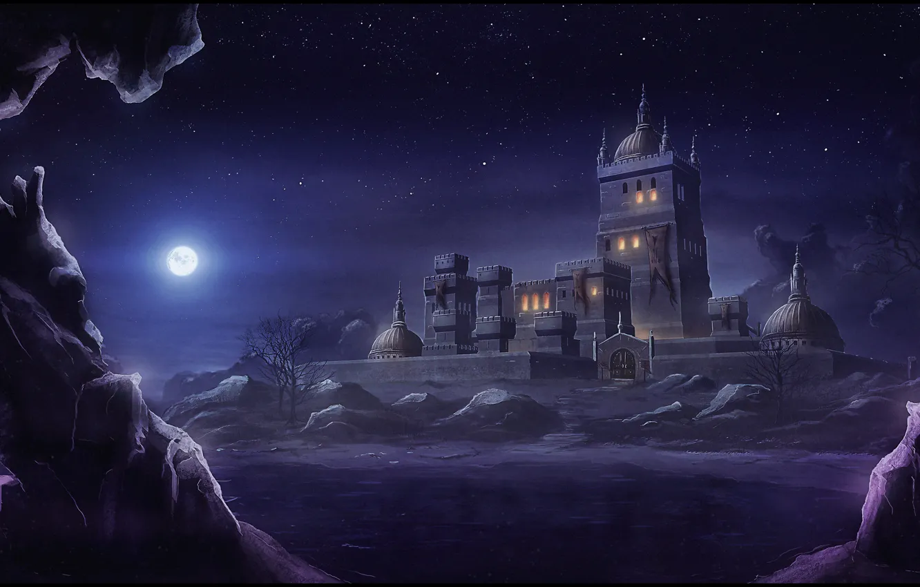 Photo wallpaper night, the city, lights, rocks, the moon, art