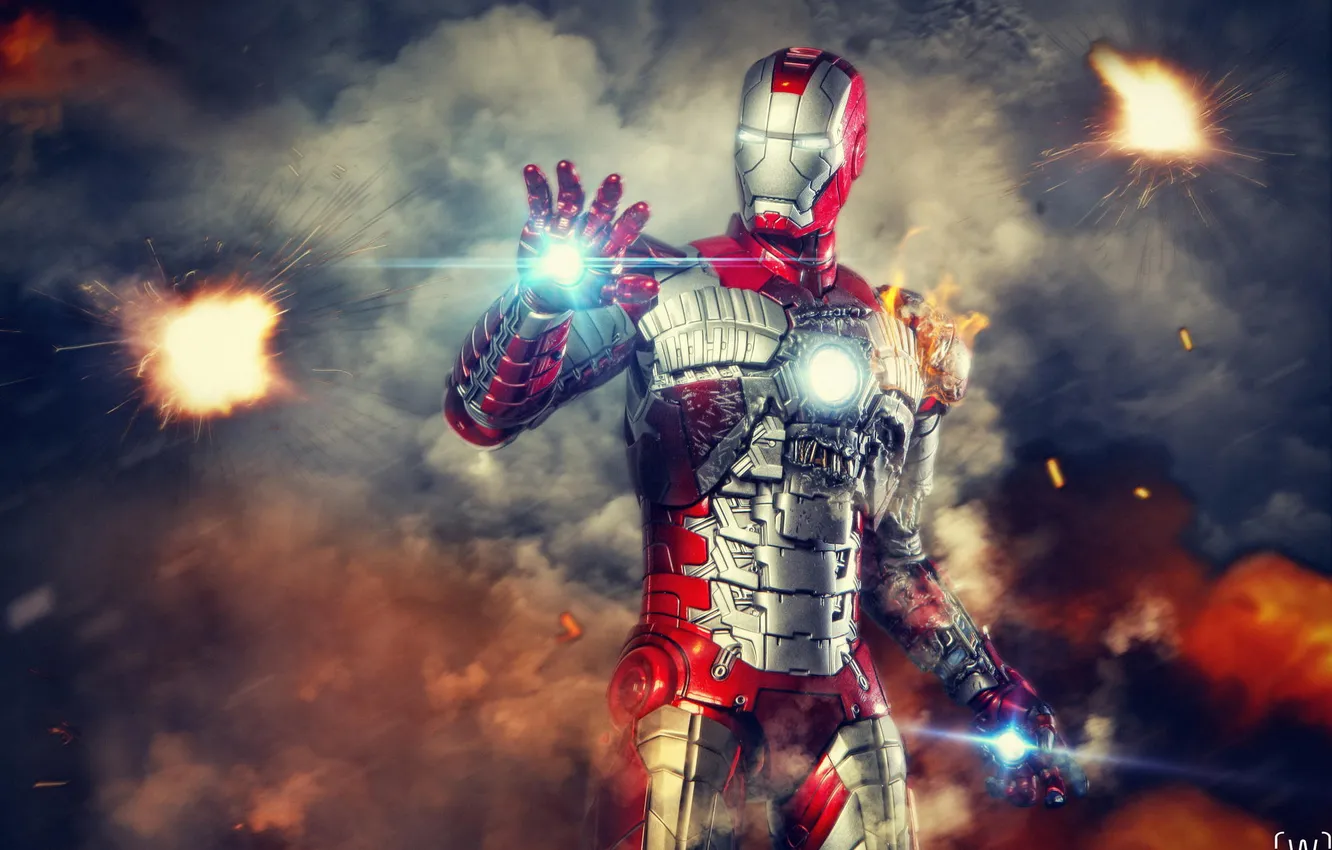 Photo wallpaper glare, costume, fire, iron man, Iron Man