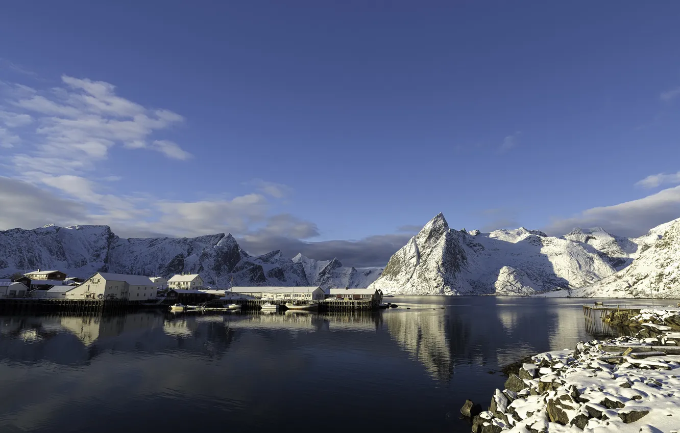Photo wallpaper winter, the sky, snow, mountains, lake, home