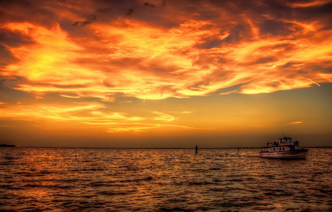 Photo wallpaper sea, sunset, ship
