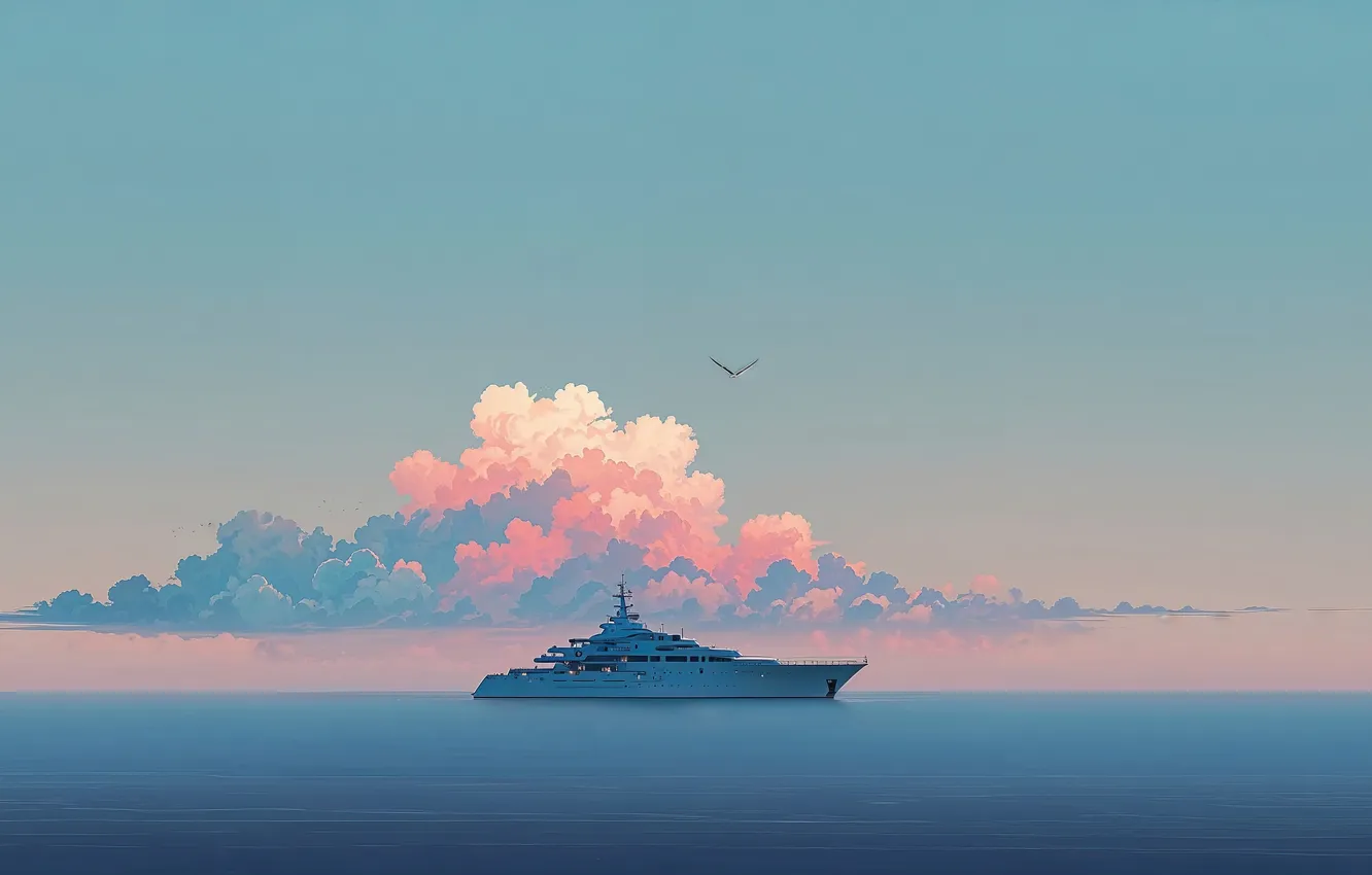 Photo wallpaper sky, ocean, blue, boat, cumulonimbus