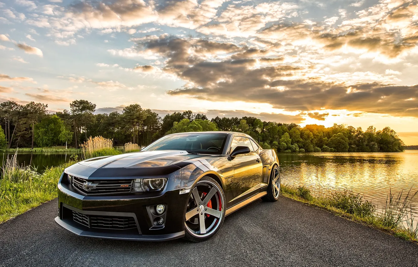 Photo wallpaper road, nature, lake, Chevrolet, Camaro, Chevrolet Camaro SS