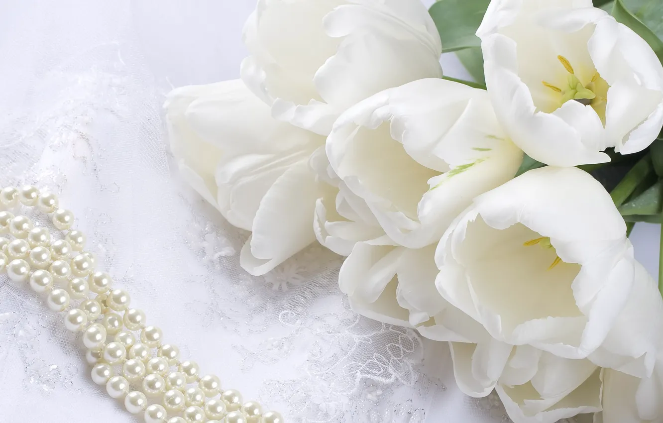 Photo wallpaper flowers, bouquet, tulips, pearl, beads, white, lace