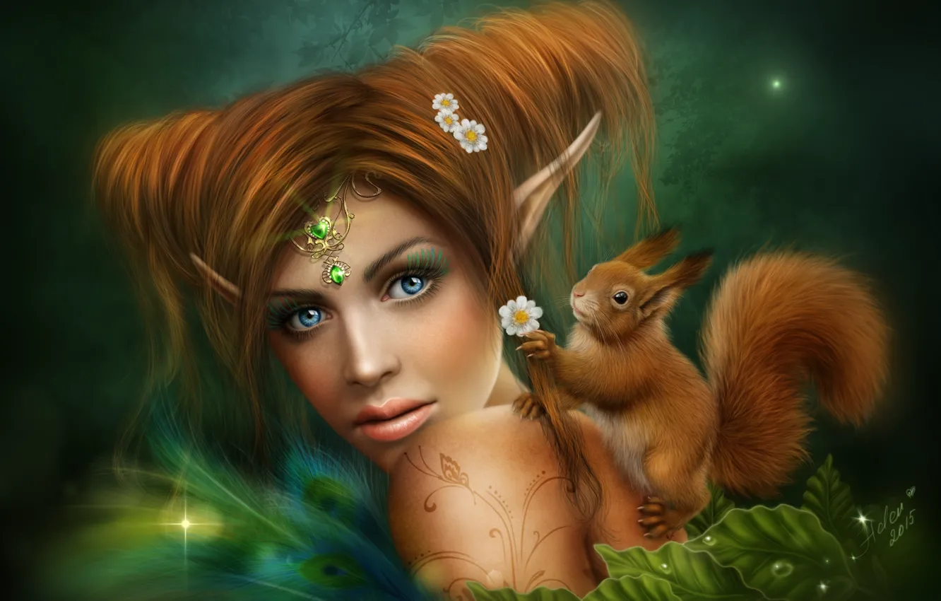 Photo wallpaper girl, elf, chamomile, fairy, protein, red, decoration, ears