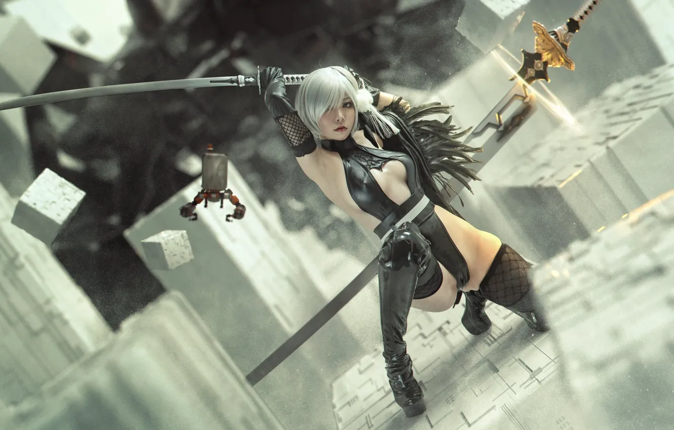 Photo wallpaper erotic, girl, sword, Asian, cosplay, Nier Automata