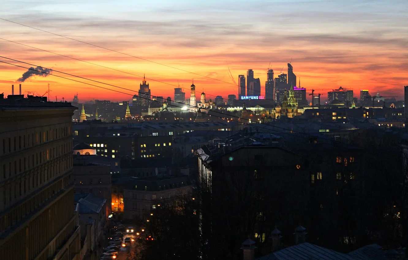 Photo wallpaper the sky, clouds, sunset, the city, horizon, Moscow, glow, the view from the window