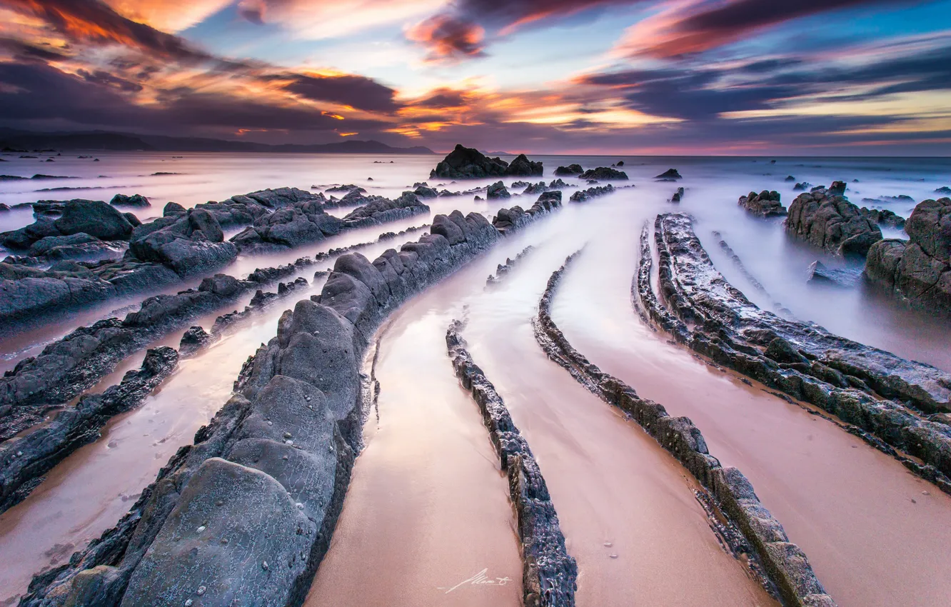 Photo wallpaper sand, beach, clouds, rocks, Spain