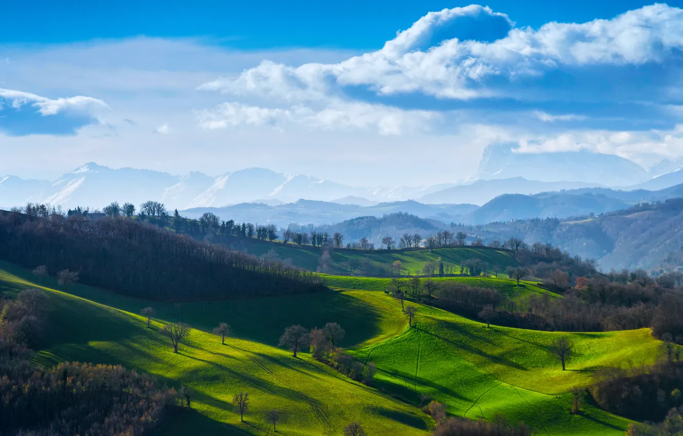 Photo wallpaper field, the sky, the sun, clouds, trees, mountains, Italy