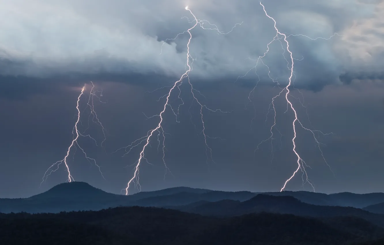Photo wallpaper storm, Lightning, power, hills, cloudy, Mother Nature