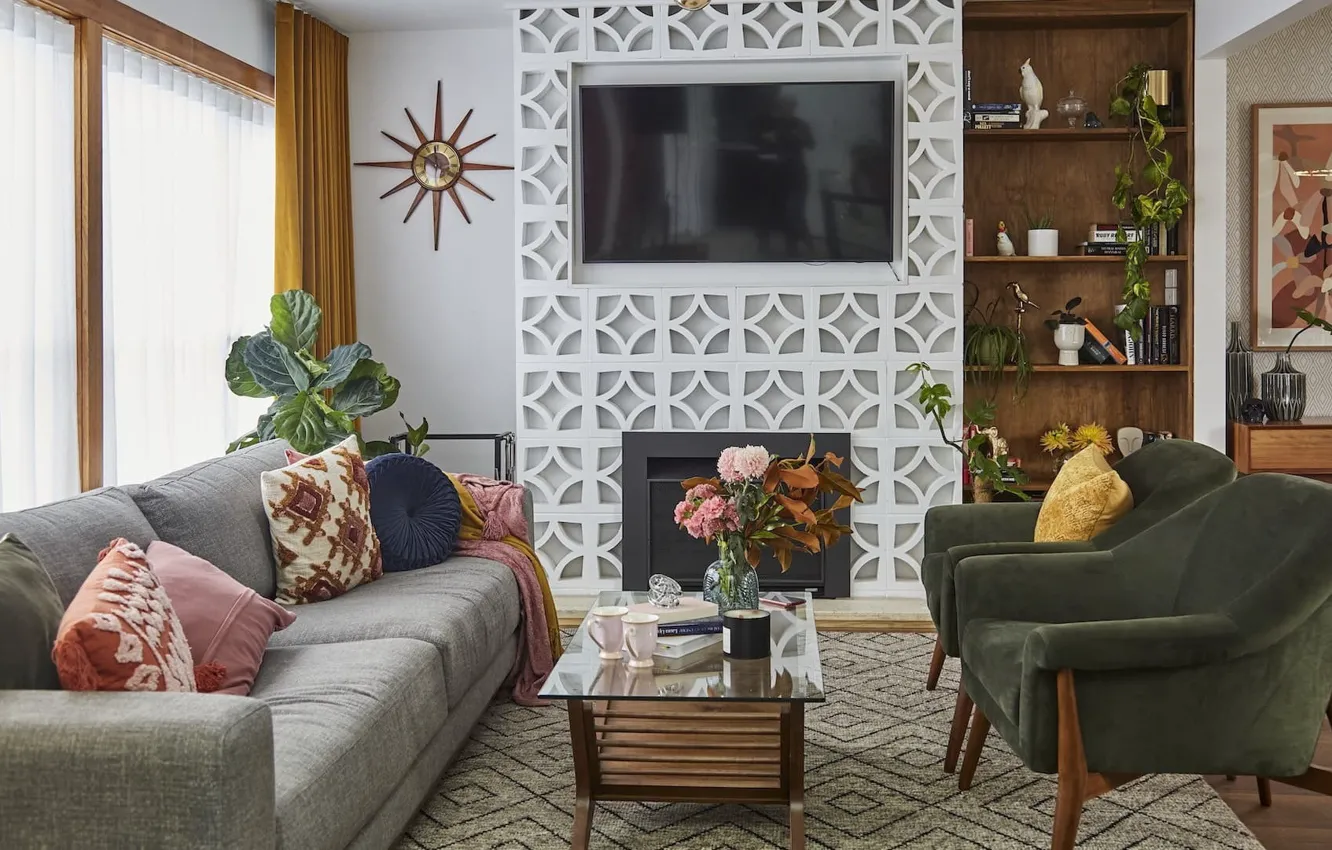 Photo wallpaper design, interior, fireplace, retro style, living room, Mid-Century Modern