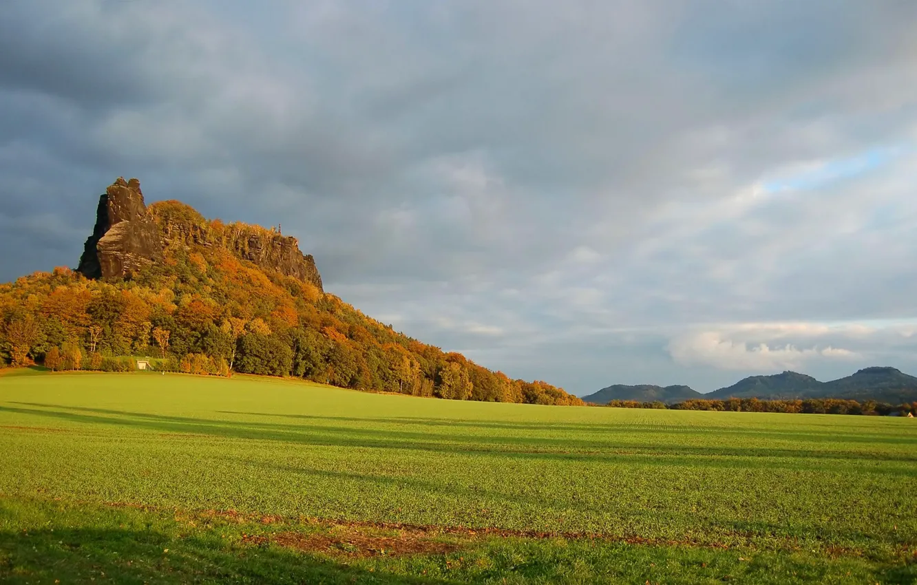 Photo wallpaper field, autumn, forest, the sky, mountains